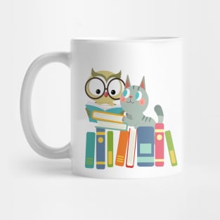 cat and owl reading book Mug